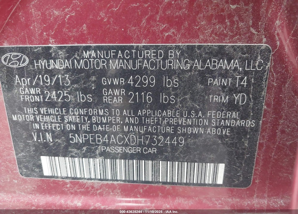 2013 HYUNDAI SONATA VIN: 5NPEB4ACXDH732449
