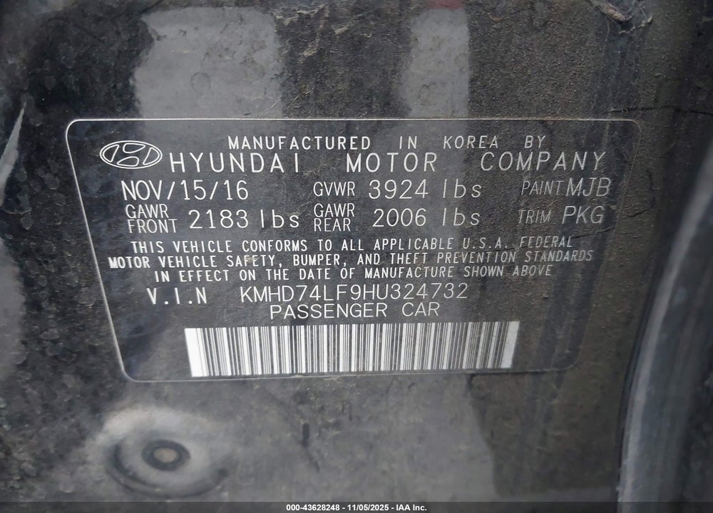 2017 HYUNDAI ELANTRA SE VIN: KMHD74LF9HU324732