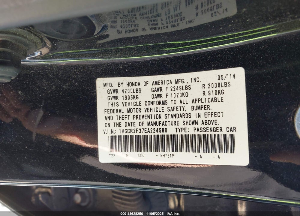 2014 HONDA ACCORD VIN: 1HGCR2F37EA224580