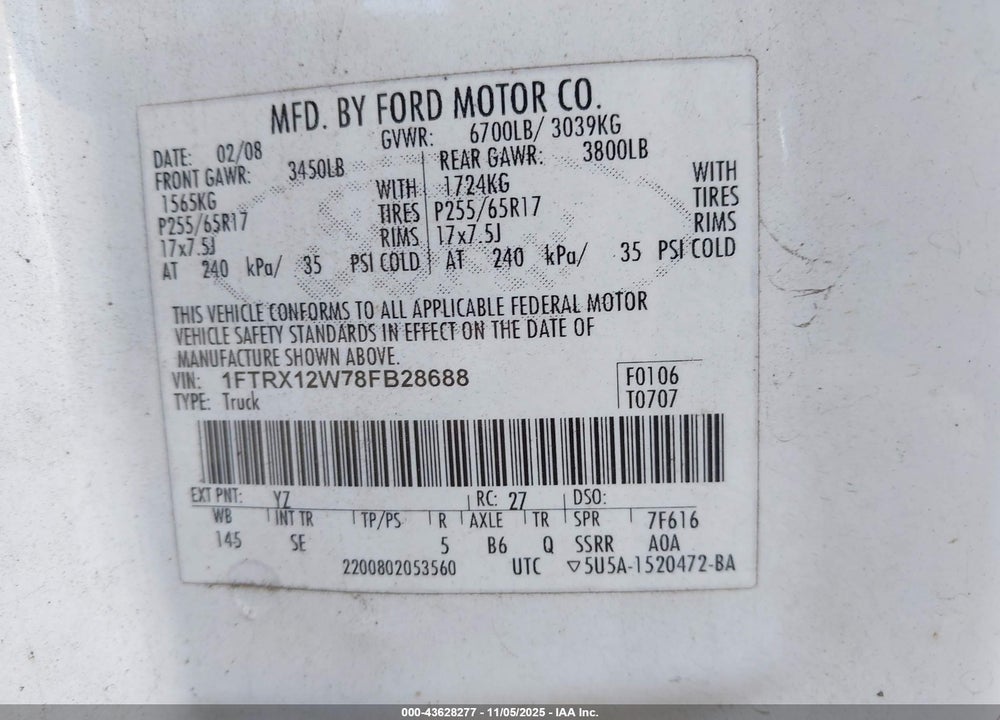 2008 FORD F-150 FX2/STX/XL/XLT VIN: 1FTRX12W78FB28688