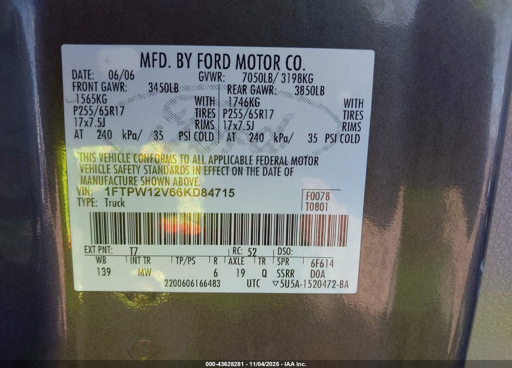 2006 FORD F-150 LARIAT/XLT VIN: 1FTPW12V66KD84715