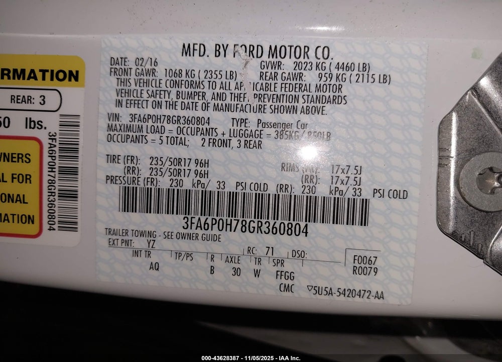 2016 FORD FUSION SE VIN: 3FA6P0H78GR360804