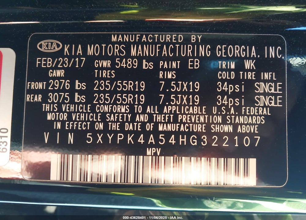 2017 KIA SORENTO VIN: 5XYPK4A54HG322107