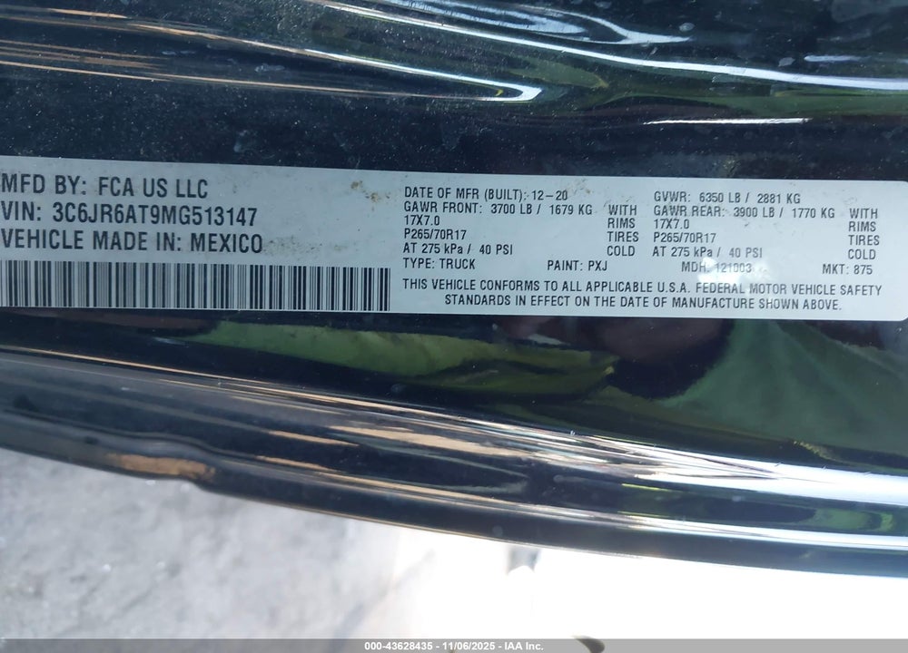 2021 RAM 1500 CLASSIC TRADESMAN  4X2 6'4 BOX VIN: 3C6JR6AT9MG513147