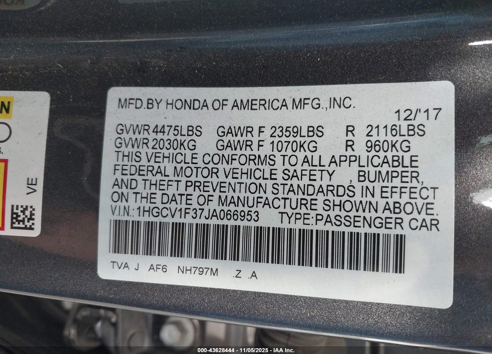 2018 HONDA ACCORD VIN: 1HGCV1F37JA066953