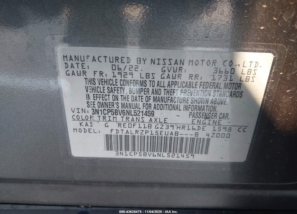 2022 NISSAN KICKS S VIN: 3N1CP5BV6NL521459