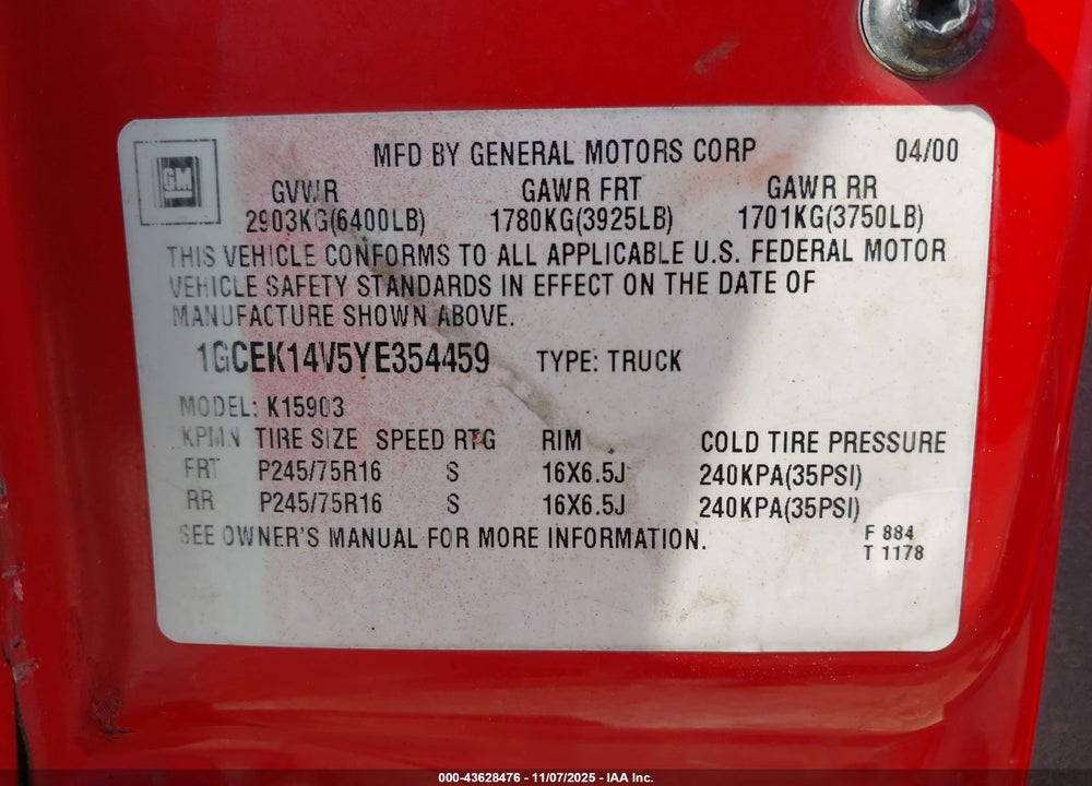 2000 CHEVROLET SILVERADO 1500 VIN: 1GCEK14V5YE354459