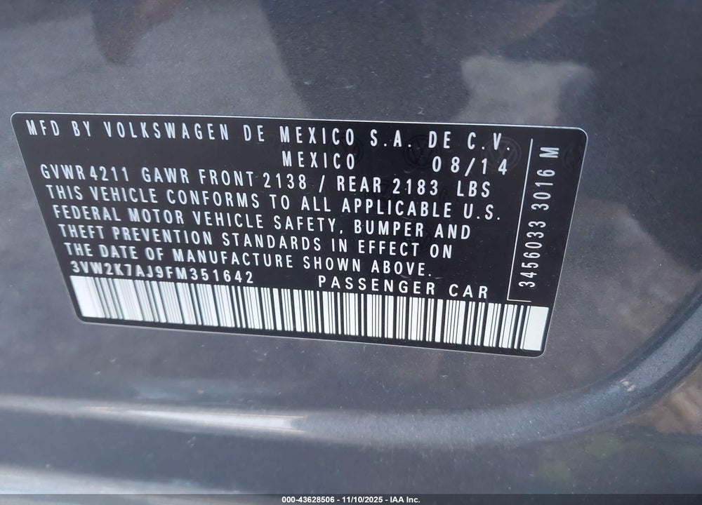 2015 VOLKSWAGEN JETTA 2.0L S VIN: 3VW2K7AJ9FM351642
