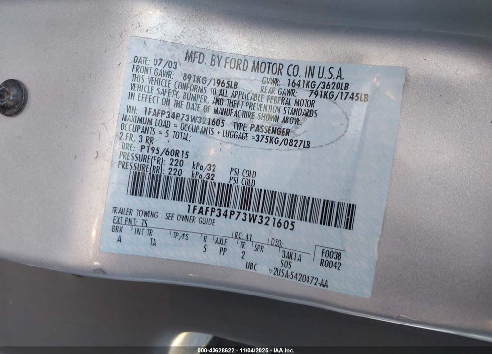 2003 FORD FOCUS SE VIN: 1FAFP34P73W321605