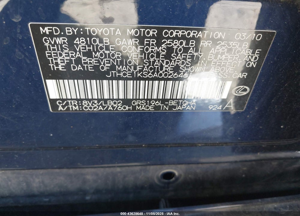 2010 LEXUS GS 350 VIN: JTHCE1KS6A0026461