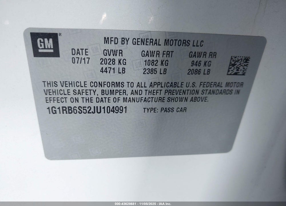 2018 CHEVROLET VOLT VIN: 1G1RB6S52JU104991