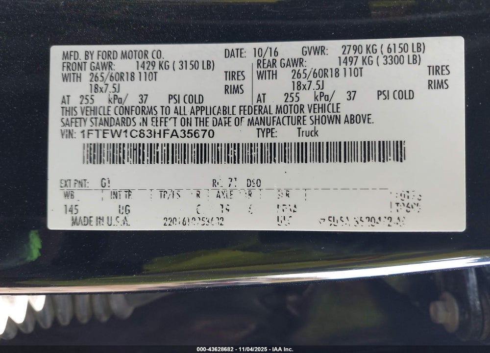 2017 FORD F-150 VIN: 1FTEW1C83HFA35670