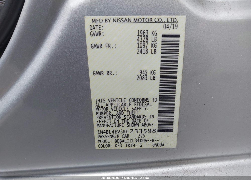 2019 NISSAN ALTIMA VIN: 1N4BL4EV5KC233598