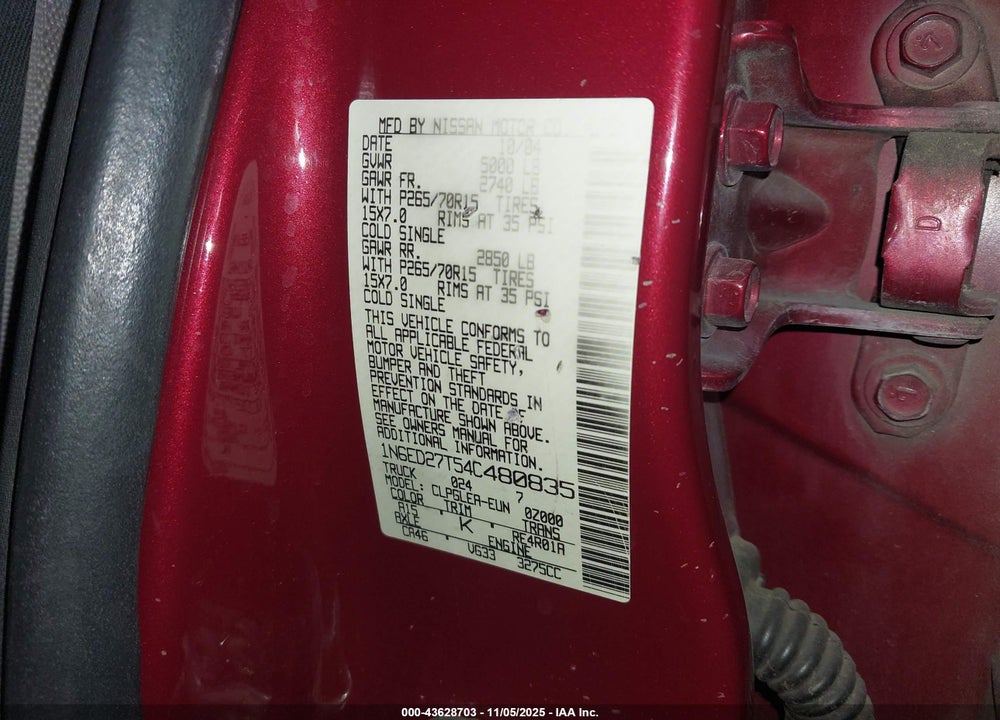 2004 NISSAN FRONTIER XE-V6 VIN: 1N6ED27T54C480835