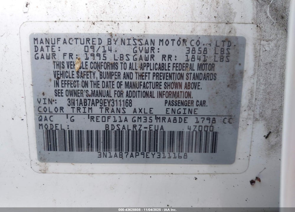 2014 NISSAN SENTRA SR VIN: 3N1AB7AP9EY311168