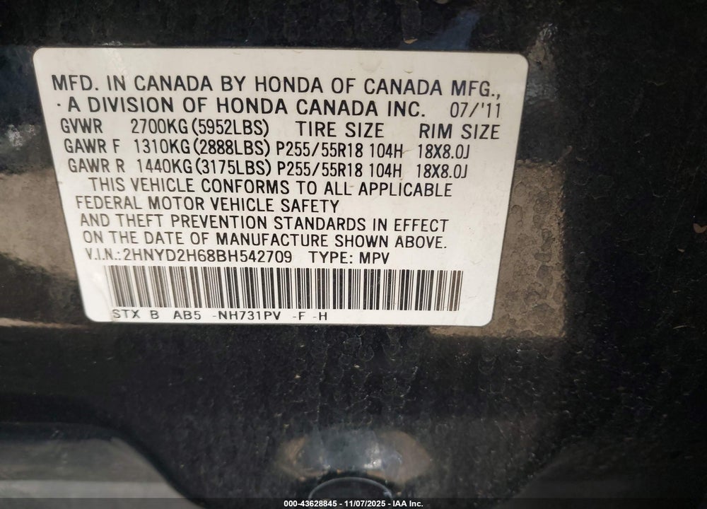 2011 ACURA MDX VIN: 2HNYD2H68BH542709