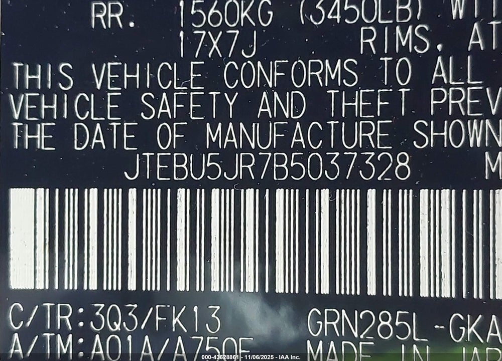 2011 TOYOTA 4RUNNER VIN: JTEBU5JR7B5037328