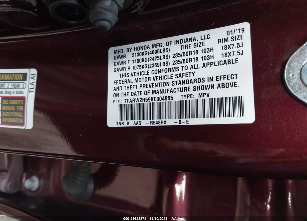 2019 HONDA CR-V VIN: 7FARW2H59KE004865