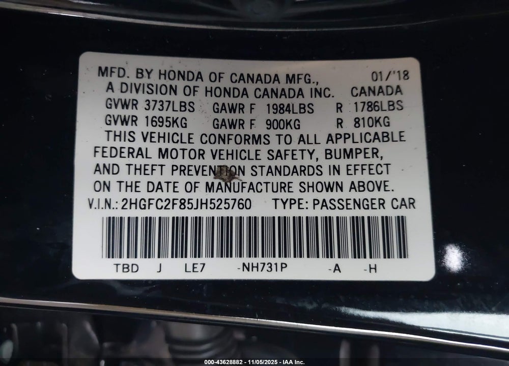 2018 HONDA CIVIC EX VIN: 2HGFC2F85JH525760