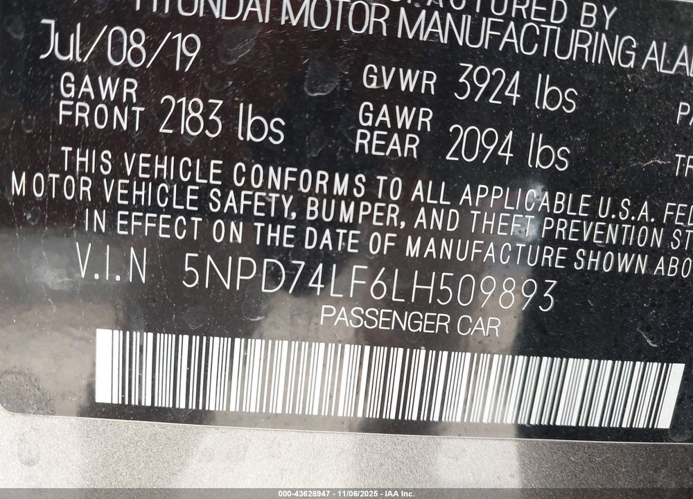 2020 HYUNDAI ELANTRA SE VIN: 5NPD74LF6LH509893