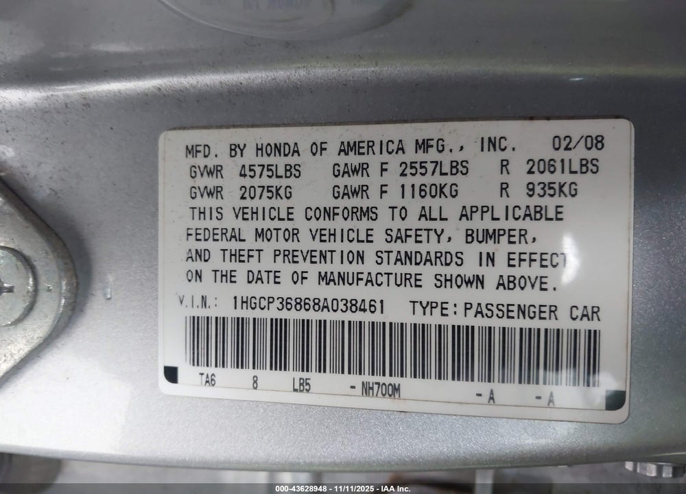 2008 HONDA ACCORD VIN: 1HGCP36868A038461