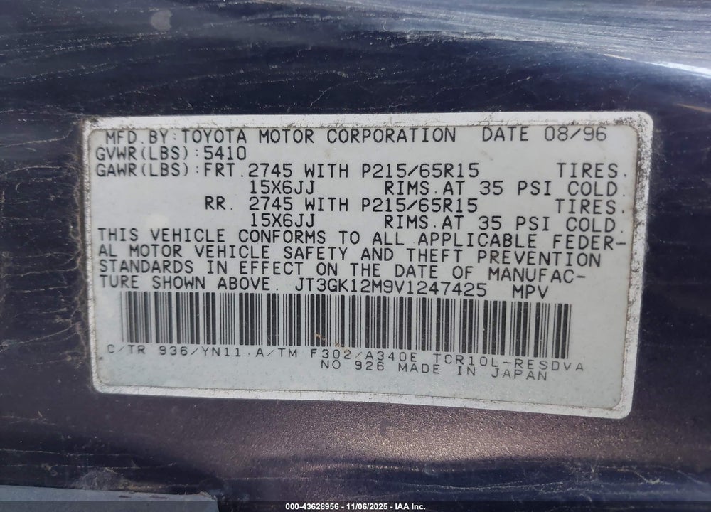 1997 TOYOTA PREVIA DX S/C VIN: JT3GK12M9V1247425