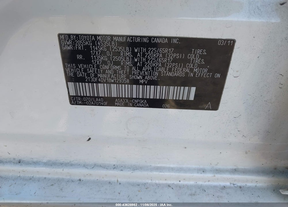 2011 TOYOTA RAV4 LIMITED VIN: 2T3DF4DV1BW129358