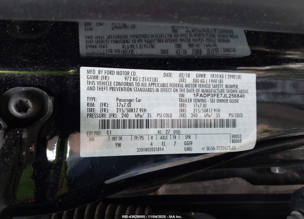 2018 FORD FOCUS VIN: 1FADP3FE7JL256840