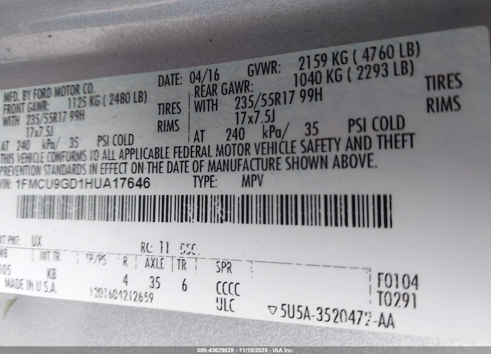 2017 FORD ESCAPE SE VIN: 1FMCU9GD1HUA17646