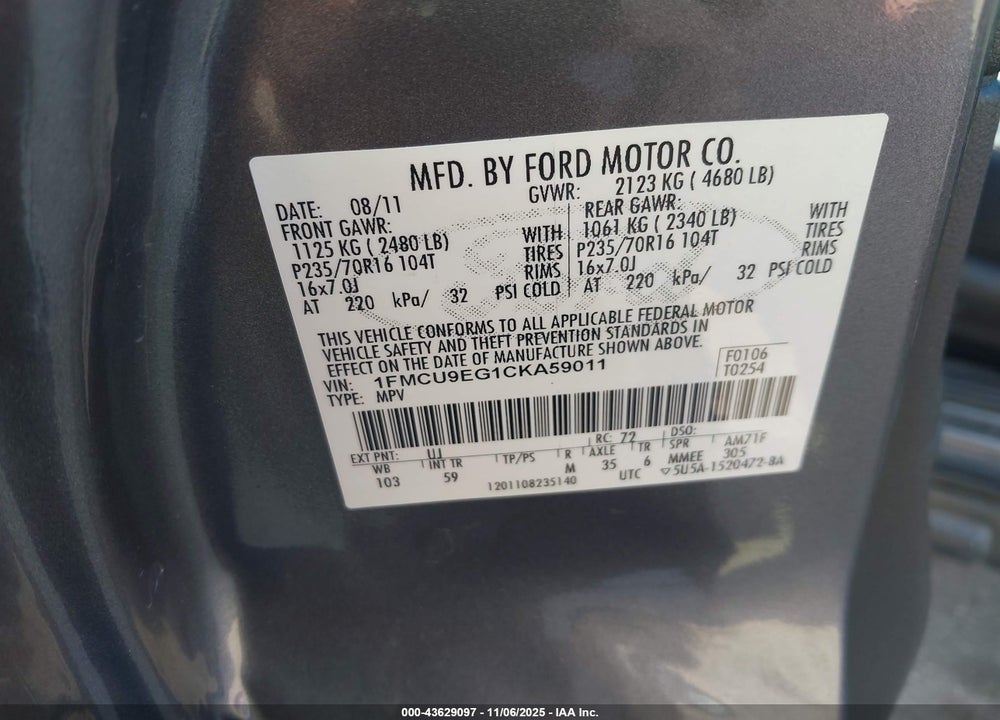 2012 FORD ESCAPE LIMITED VIN: 1FMCU9EG1CKA59011