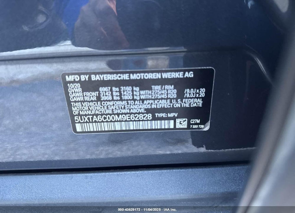 2021 BMW X5 XDRIVE4 VIN: 5UXTA6C00M9E62828