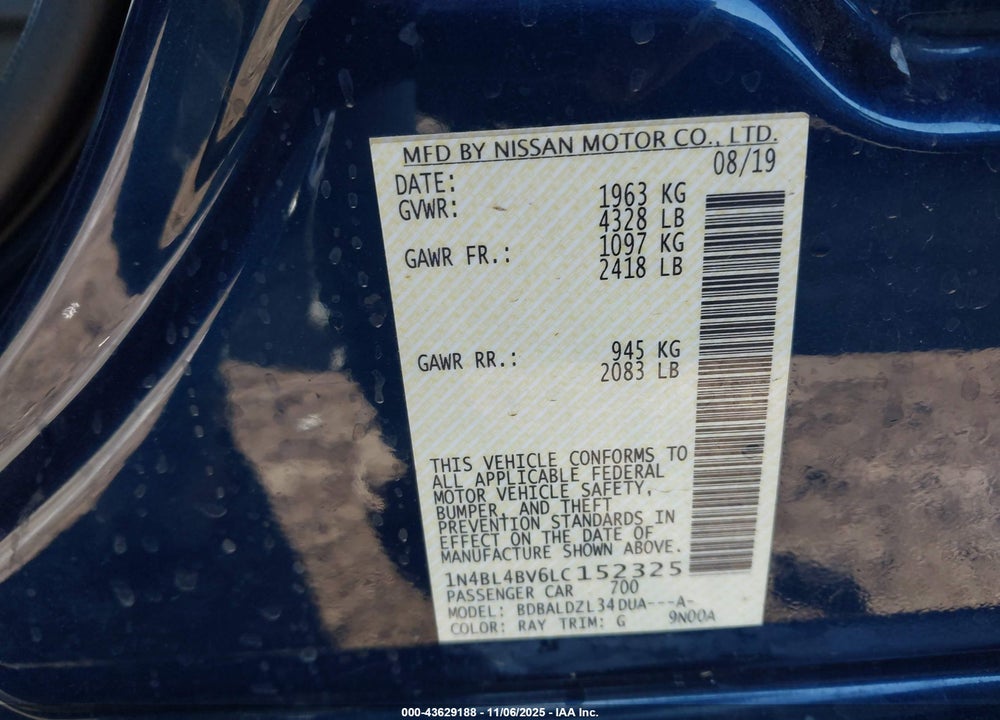 2020 NISSAN ALTIMA S FWD VIN: 1N4BL4BV6LC152325