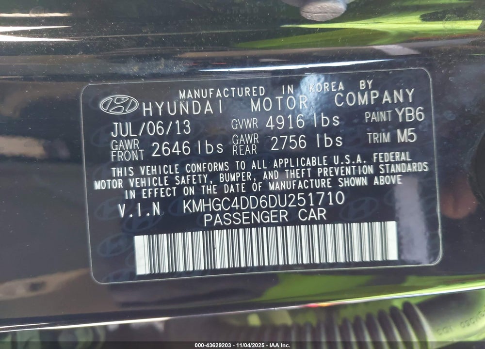 2013 HYUNDAI GENESIS 3.8 VIN: KMHGC4DD6DU251710