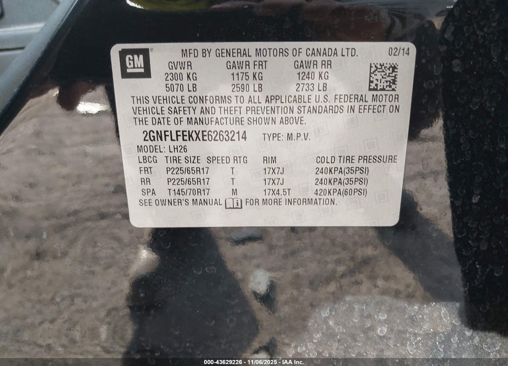 2014 CHEVROLET EQUINOX 1LT VIN: 2GNFLFEKXE6263214