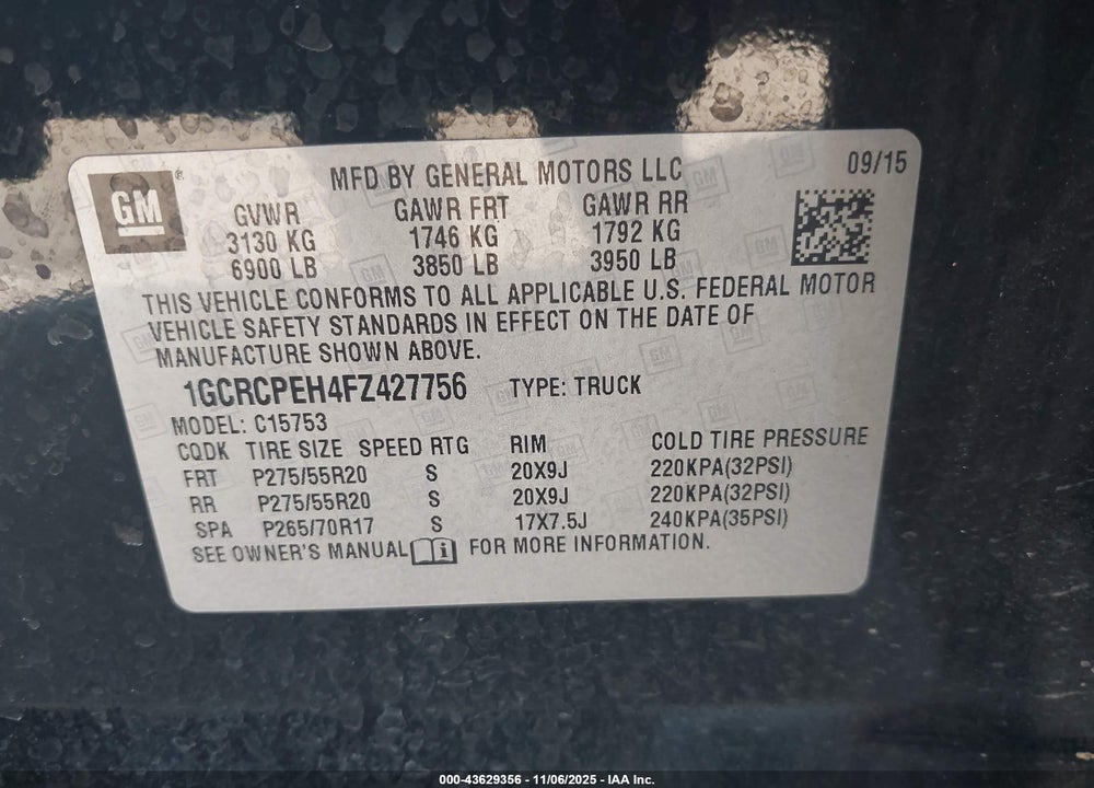 2015 CHEVROLET SILVERADO 1500 WT VIN: 1GCRCPEH4FZ427756