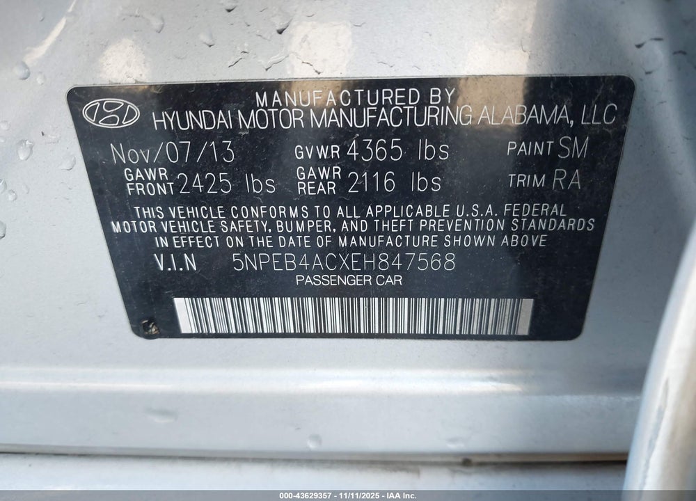 2014 HYUNDAI SONATA VIN: 5NPEB4ACXEH847568