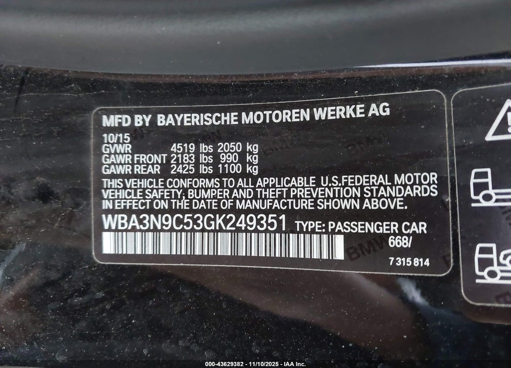 2016 BMW 4 SERIES VIN: WBA3N9C53GK249351