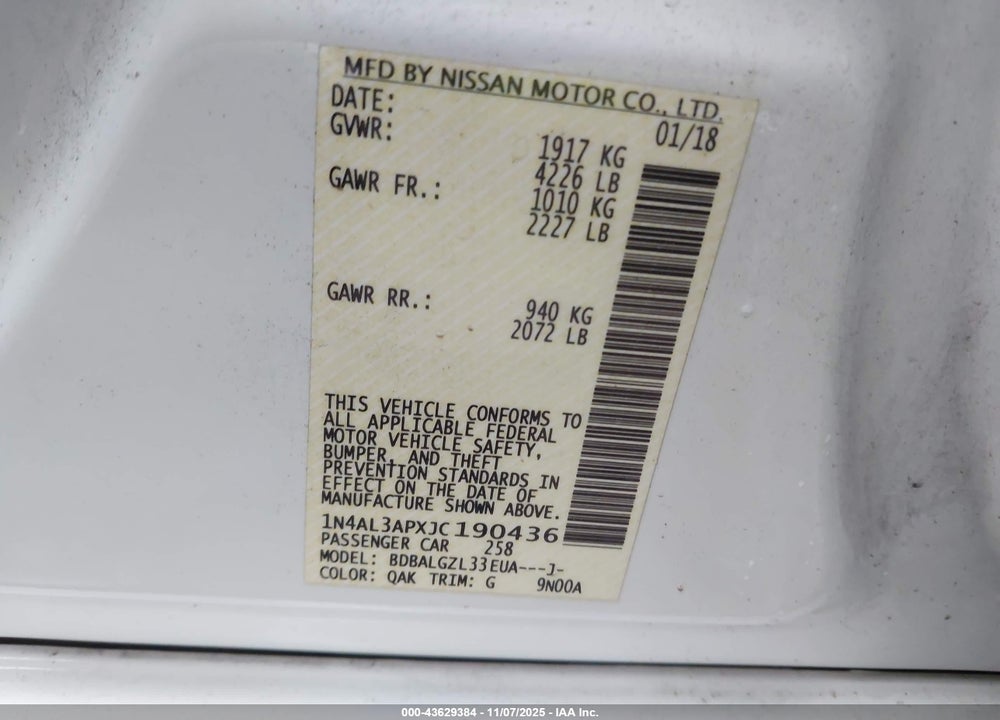 2018 NISSAN ALTIMA 2.5 S VIN: 1N4AL3APXJC190436