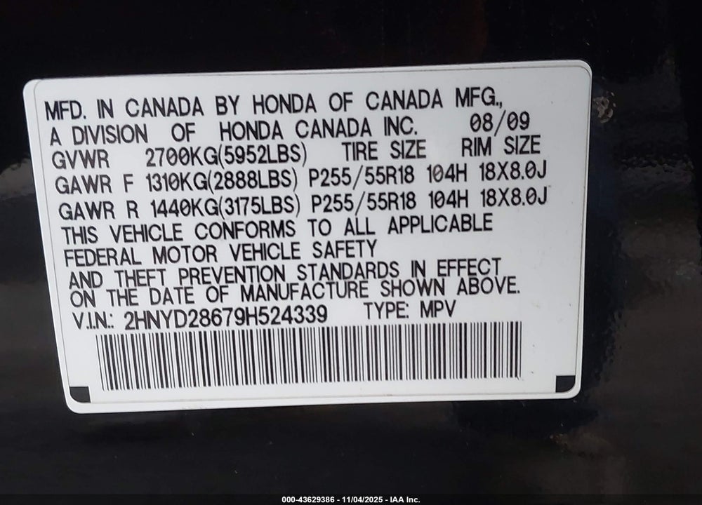 2009 ACURA MDX TECHNOLOGY PACKAGE VIN: 2HNYD28679H524339