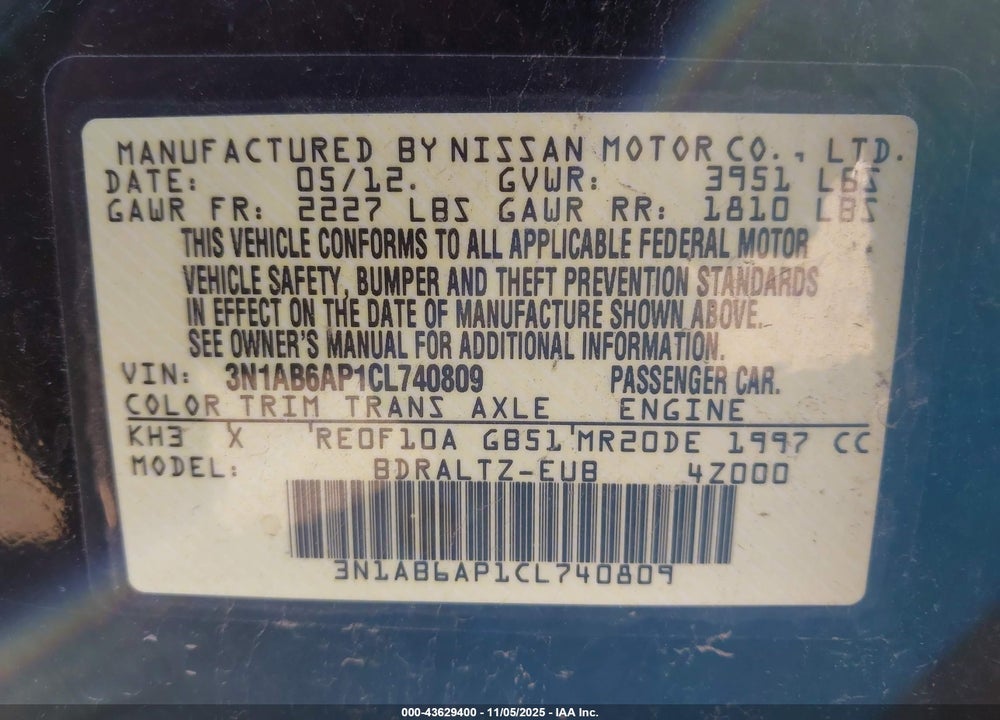 2012 NISSAN SENTRA VIN: 3N1AB6AP1CL740809