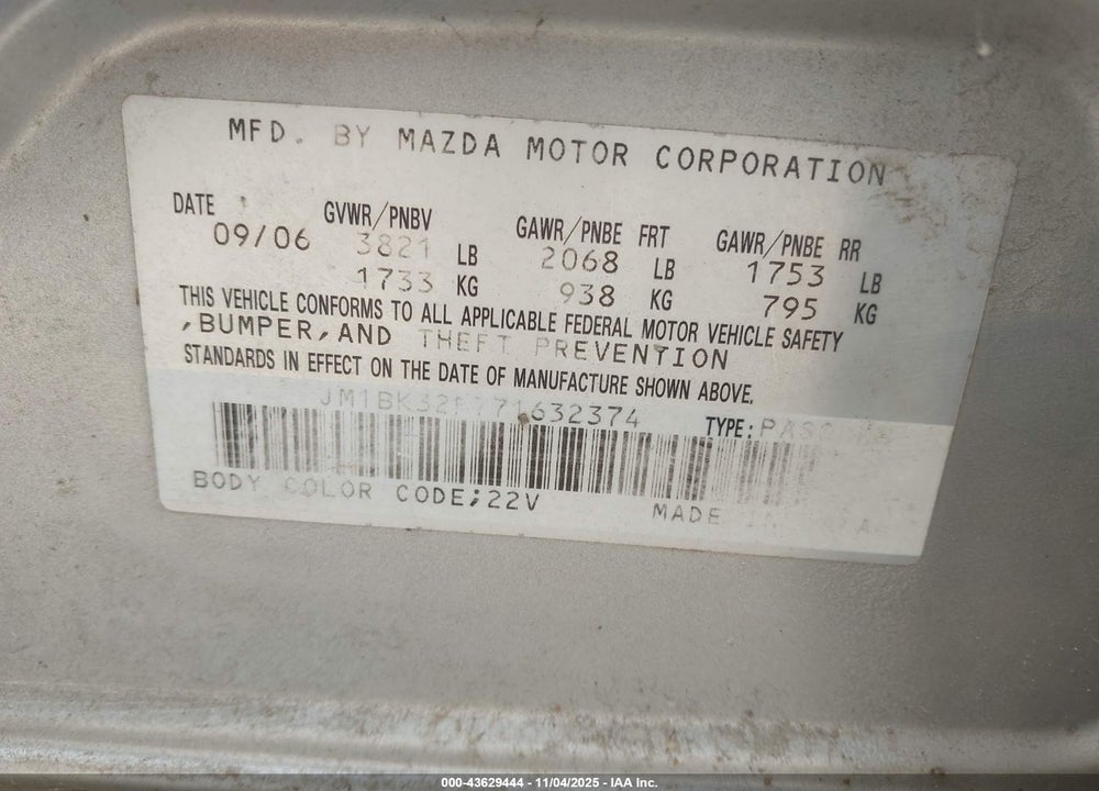 2007 MAZDA 3 I VIN: JM1BK32F771632374