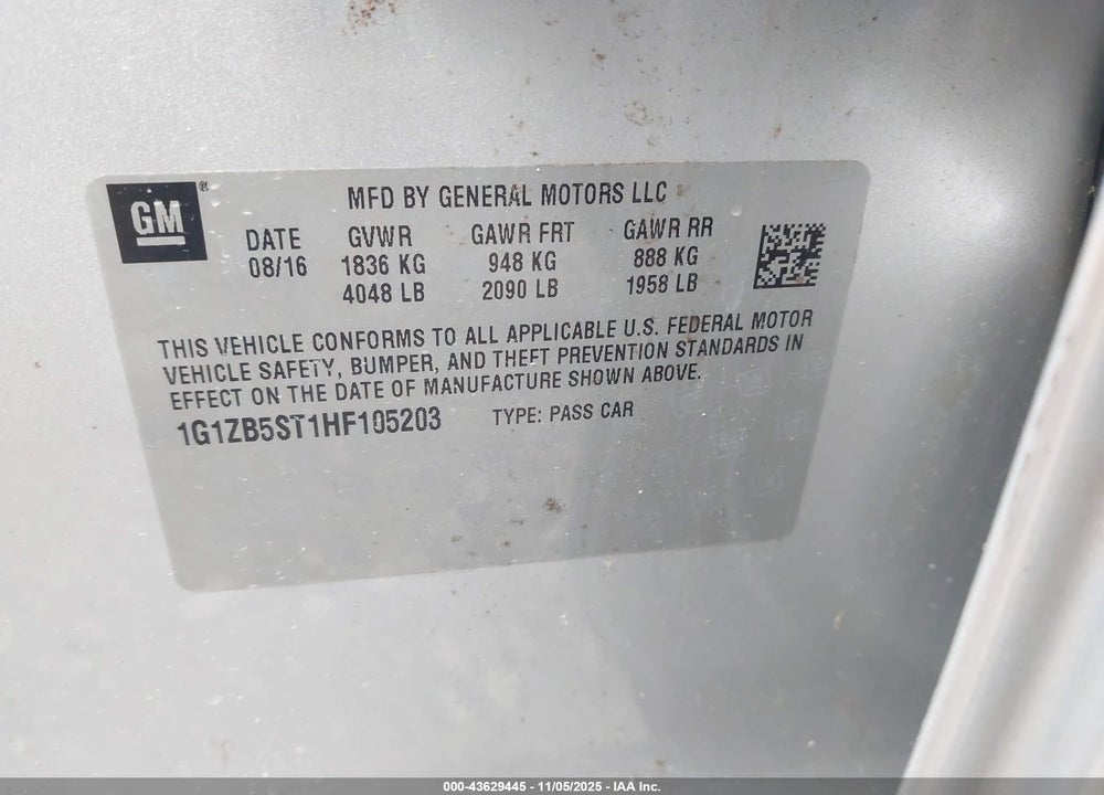 2017 CHEVROLET MALIBU VIN: 1G1ZB5ST1HF105203