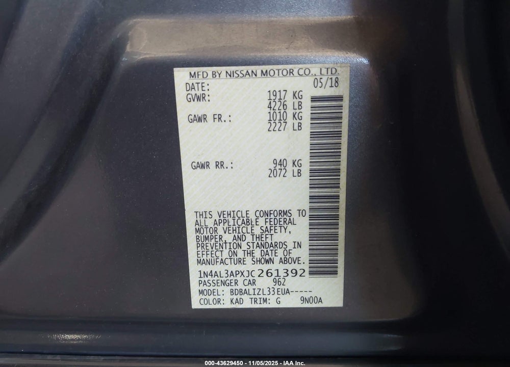 2018 NISSAN ALTIMA 2.5 SV VIN: 1N4AL3APXJC261392