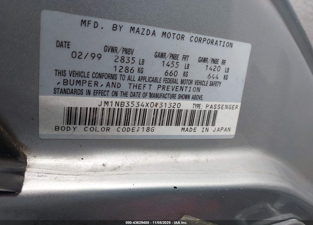 1999 MAZDA MX-5 MIATA LEATHER PKG/POPULAR EQUIPMENT PKG/SPORTS PKG/TOURING PKG VIN: JM1NB3534X0131320