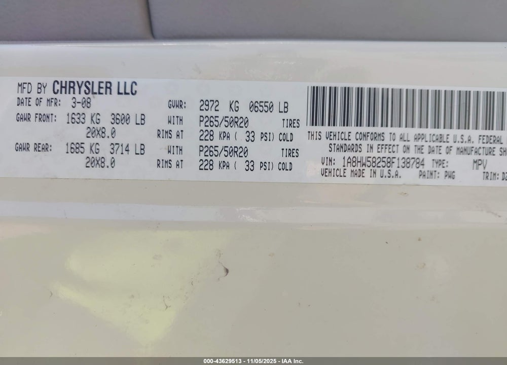 2008 CHRYSLER ASPEN VIN: 1A8HW58258F138784