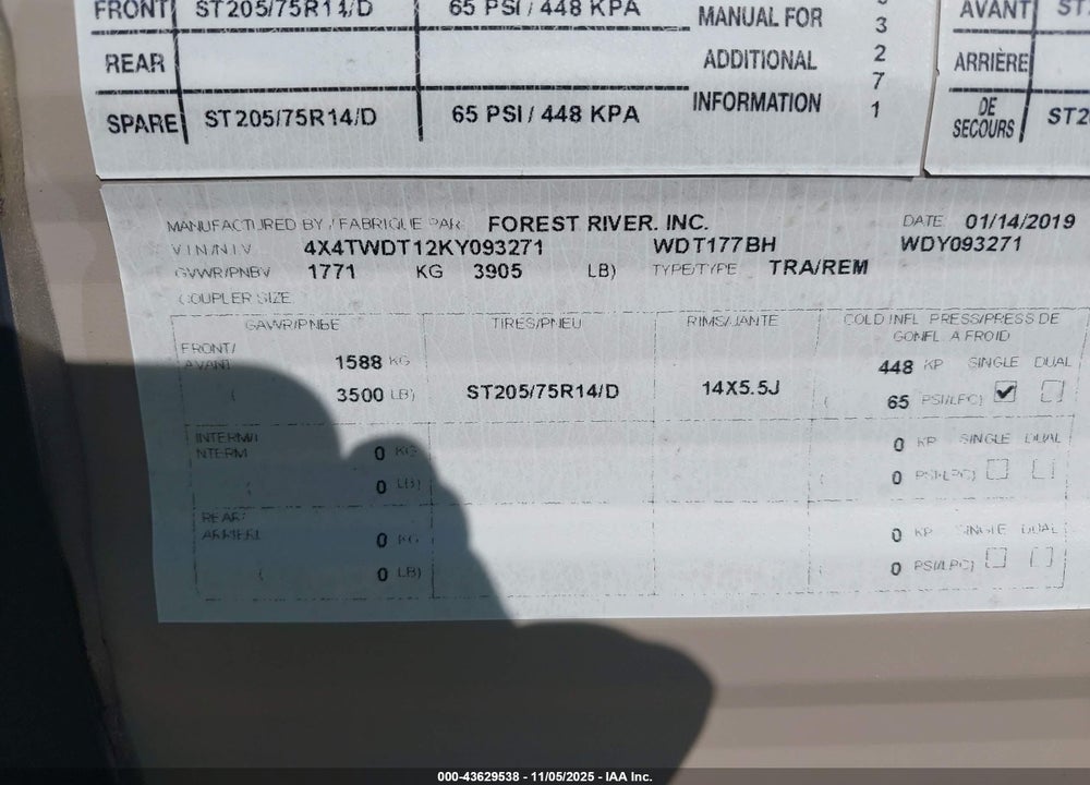 2019 FOREST RIVER WILDWOOD VIN: 4X4TWDT12KY093271