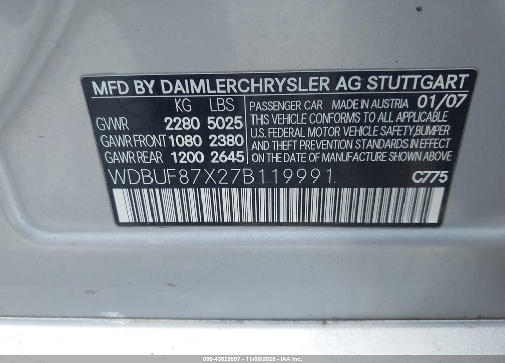 2007 MERCEDES-BENZ E-CLASS VIN: WDBUF87X27B119991