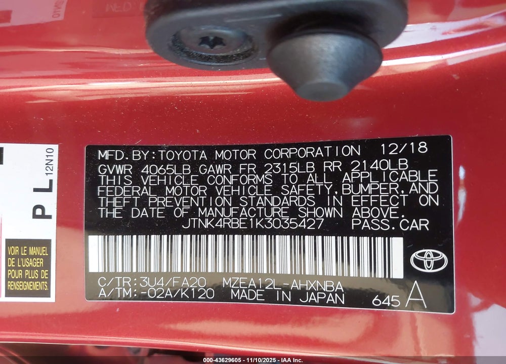 2019 TOYOTA COROLLA SE VIN: JTNK4RBE1K3035427