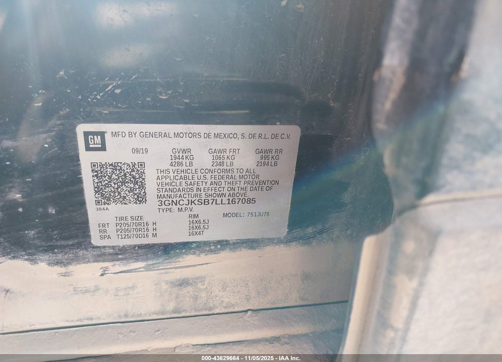 2020 CHEVROLET TRAX FWD LS VIN: 3GNCJKSB7LL167085