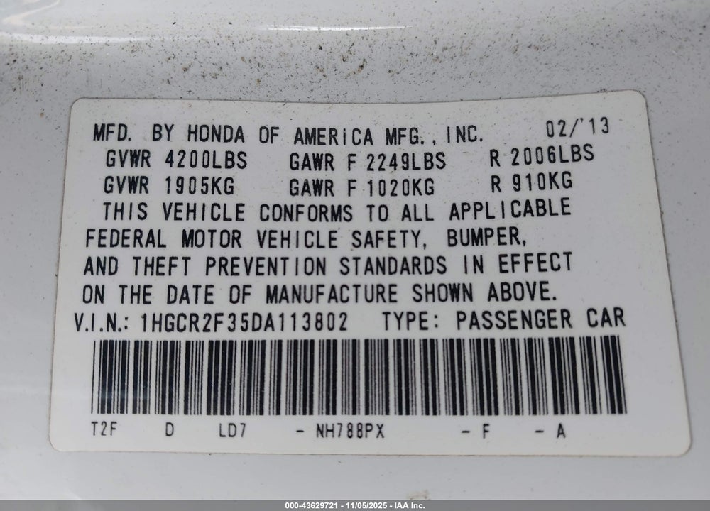 2013 HONDA ACCORD LX VIN: 1HGCR2F35DA113802
